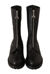 Black Leather High Boots Front Zip Closure Shoes