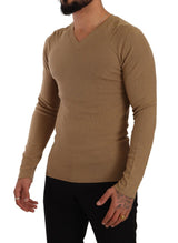 Brown Wool Knit V-neck Men Pullover Sweater