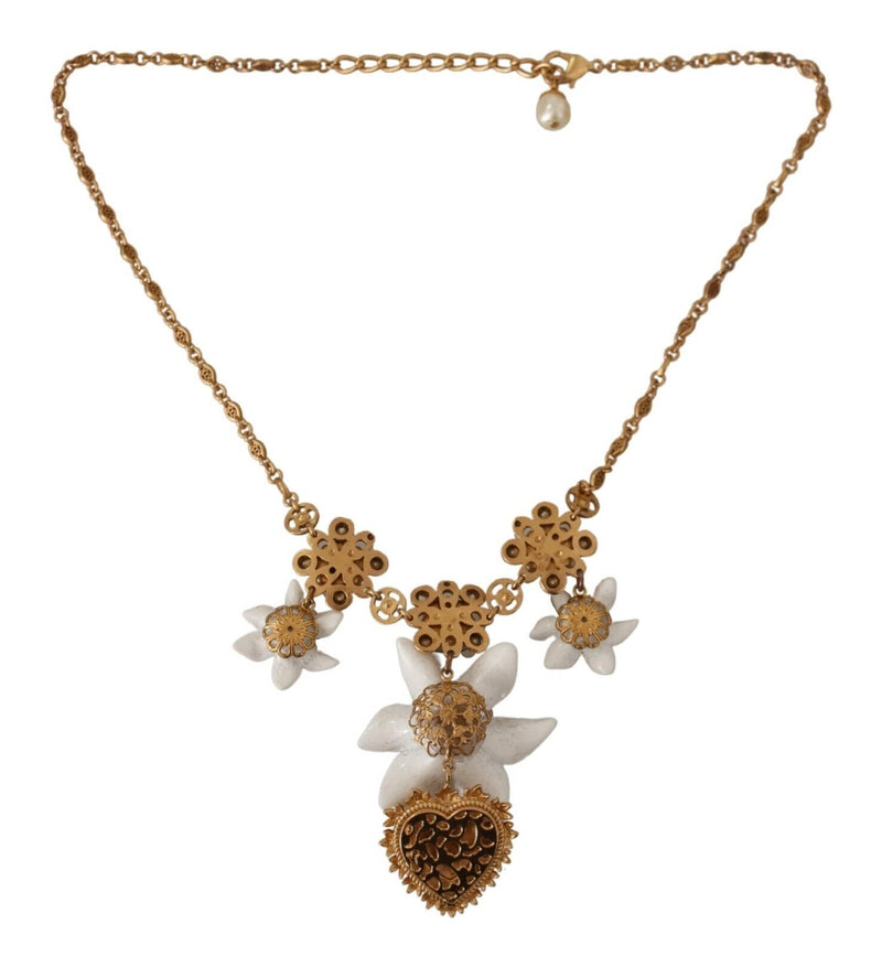 Gold Green White Brass Crystal Lily Flower Heart Necklace