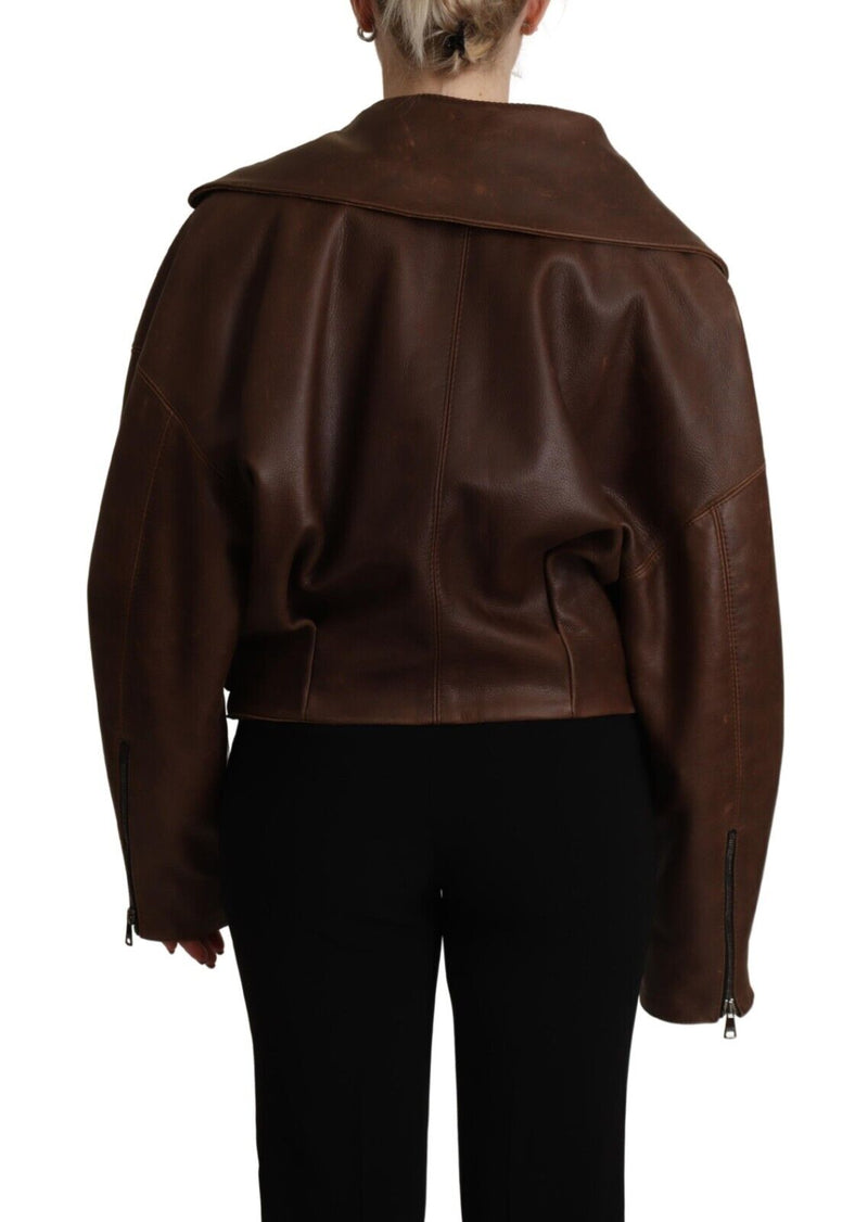 Brown Bull Leather Collared Biker Coat Jacket